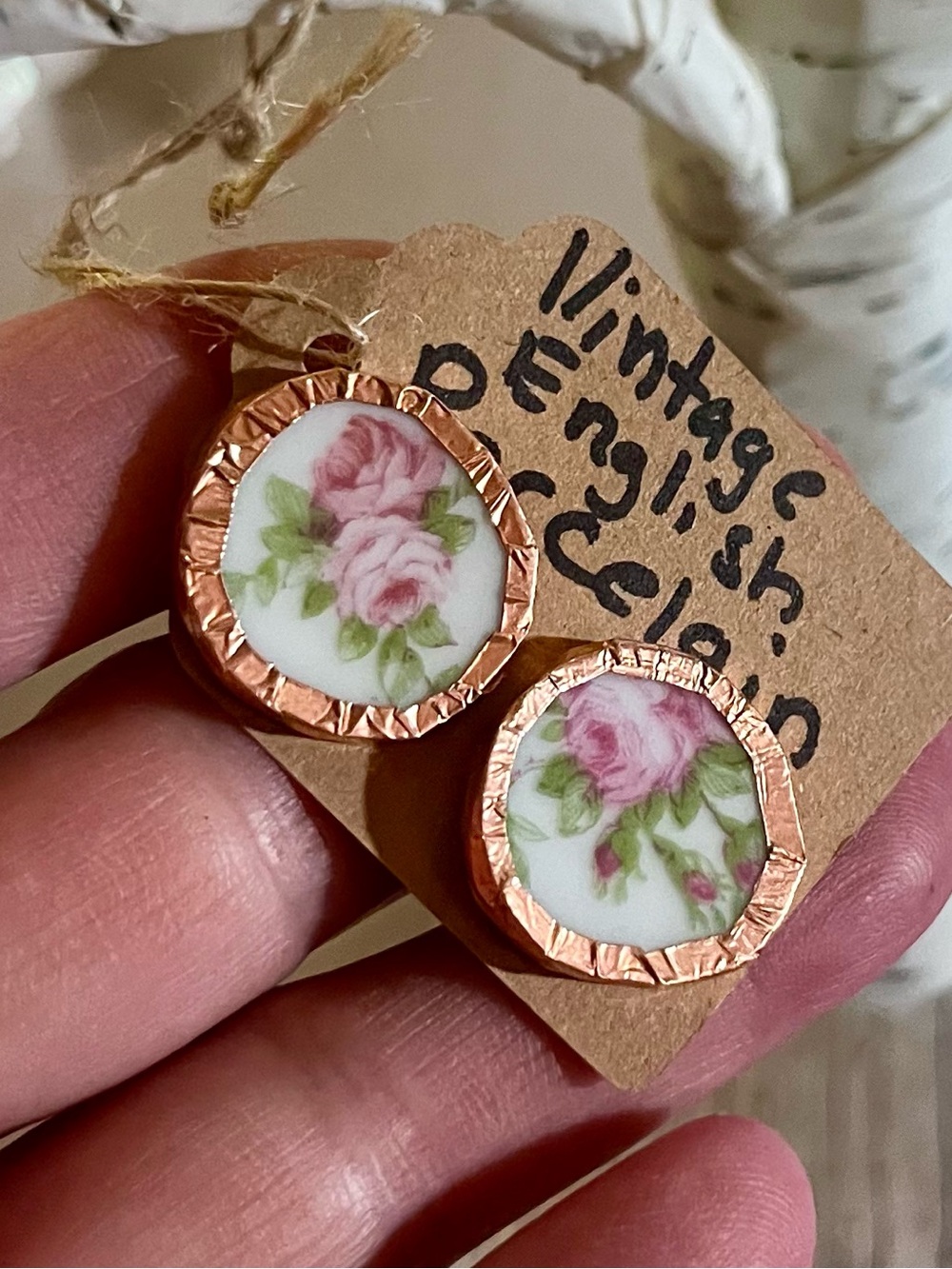 Vintage Floral Porcelain Stud Earrings in Pink Roses and Rose Gold Edging